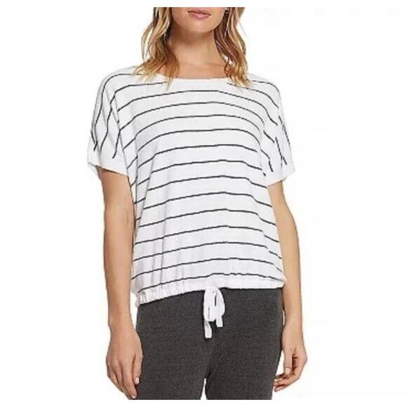 Barefoot Dreams Cozychic Ultra Lite Striped Sweater S Short Sleeve Tie Waist Top - Picture 10 of 10